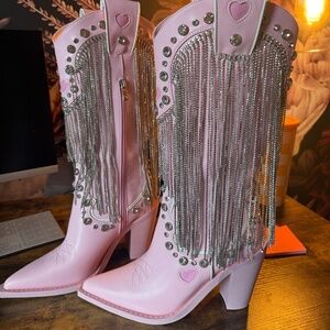 Pink Cowboy boot with Rhinestone Fringe